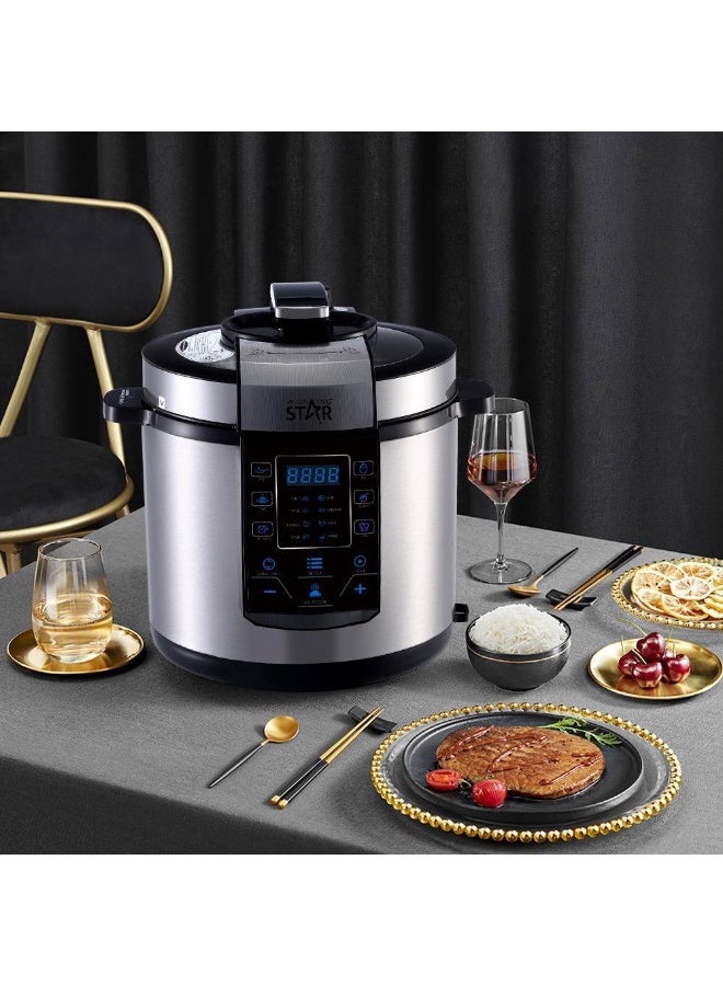 Winning Star, pressure cooker, capacity 6 liters, digital, 14 functions, spoon and measuring cup accessories, stainless steel, 1000 watts, black silver, M/ST-9303 - Image 4